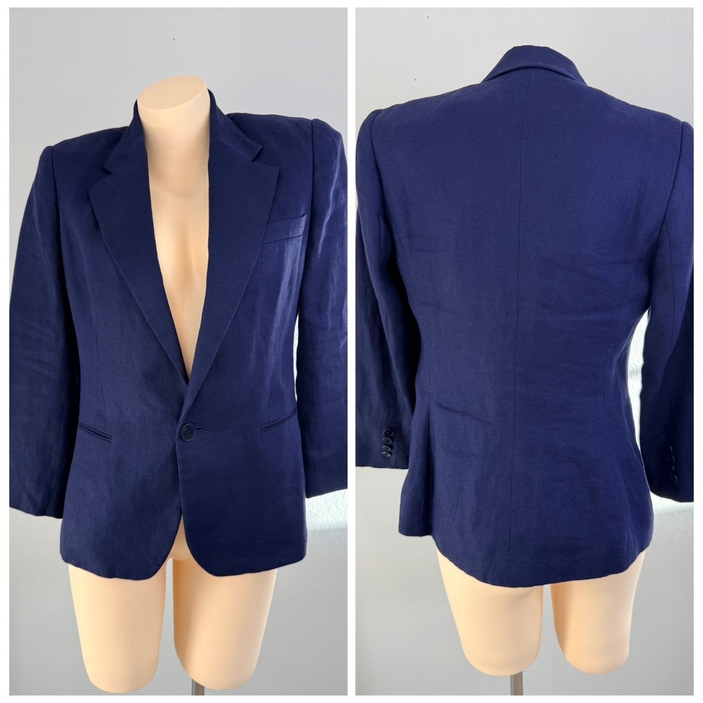 Ralph Lauren Navy Blue 100% Linen Blazer Jacket 10 Made in USA Black Label